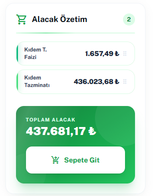 Araçta alacak özeti: kıdem tazminatı ve faiz kalemleriyle toplam alacak