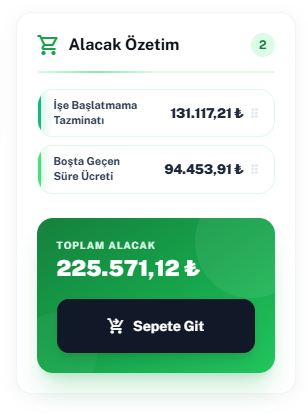 Araçta alacak özeti: işe başlatmama tazminatı 131.117,21 TL ve boşta geçen süre ücreti 94.453,91 TL, toplam 225.571,12 TL