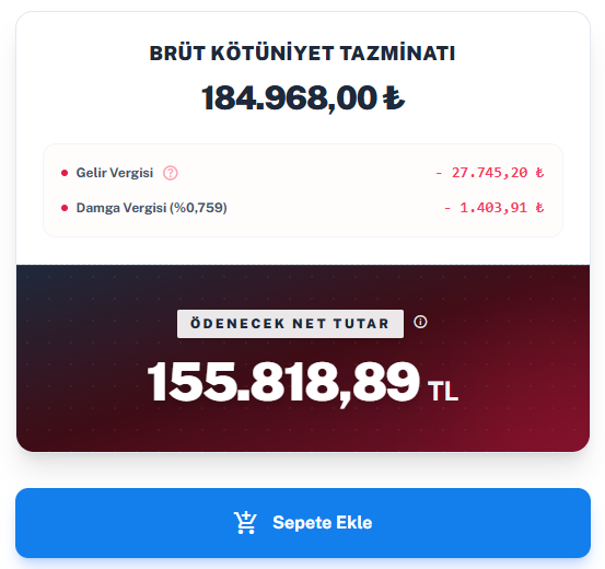 Kötüniyet tazminatı hesaplama aracı: brüt 184.968,00 TL (ihbarın 3 katı), gelir ve damga vergisi sonrası net 155.818,89 TL
